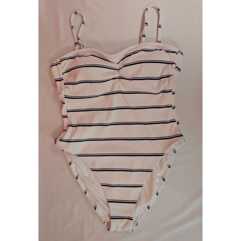 Women's Shade & Shore High Cut One Piece Striped Swimsuit White Navy Medium